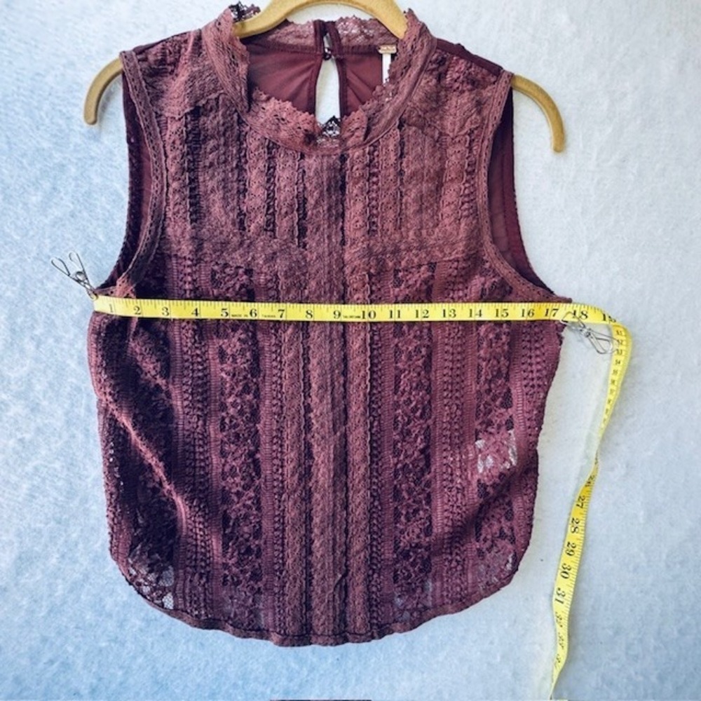 Free People Tea Party Top Burgundy Wine MED Womens Lace Sheer Peasant Boho NWT - Picture 6 of 8